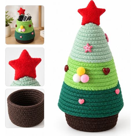 1 Piece Panier de Noel en Tissu Vert Sapin avec Couvercle et Motif Sapin de Coeur 15 x 15 x 26 cm 0,31 kg pour Cles Telecommande Bureau Entree Cosmetiques (1/5)