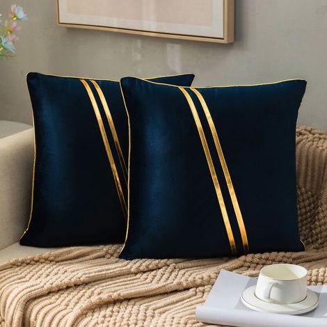 Housse de Coussin 45x45cm Velours Décoratif Taies d'oreiller Carré Patchwork avec Cuir Doré pour Canapé Chambre Salon Voiture Bleu Marine , Lot de 2 (1/5)