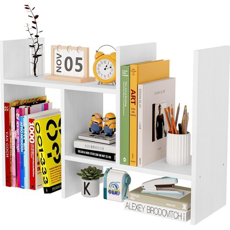 Bois Petite Étagère de Bureau Réglable Bibliothèque de Bureau Rangement de Bureau Organisateur de Bureau - pour la Maison et Le Bureau, Cuisine et Salle de Bain,Blanc (1/5)
