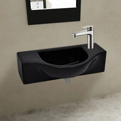 Lavabo en céramique avec trou de robinetterie, noir (1/5)