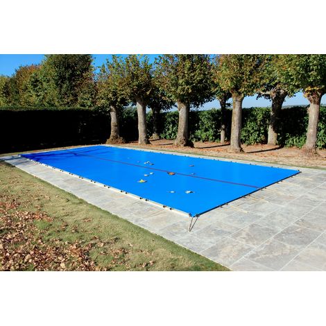 Bâche d'Hivernage Bleue 6,60 x 3,60 m Pour Piscine Maximum 6 x 3 m avec Grille Centrale d'Evacuation - Fabrication Française - Direct Usine - 550 g/m² - Livrée avec Sandows Cabiclic + Pitons Crosse