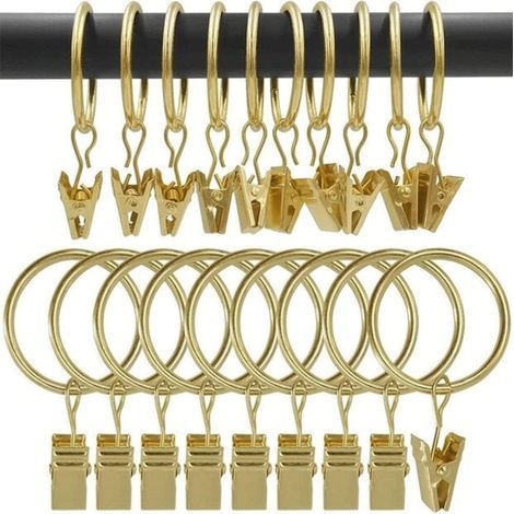(Gold) 30 Pieces Curtain Rings with Clips, Rust Resistant Stainless Steel Curtain Rings, Metal Curtain Hooks, Curtain Rod Rings for Showers and Curtains