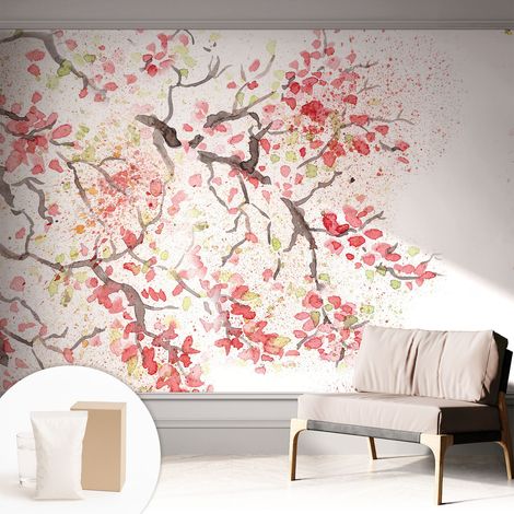 Papier peint intissé décoratif avec colle pour salon chambre et bureau Installation rapide Branches en fleurs 312x219 cm (1/5)