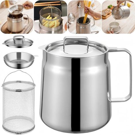 Olla con filtro de aceite, recipiente de acero inoxidable para filtro de aceite, recipiente para grasa de tocino, sartén multifuncional (1,5 l) (1/5)