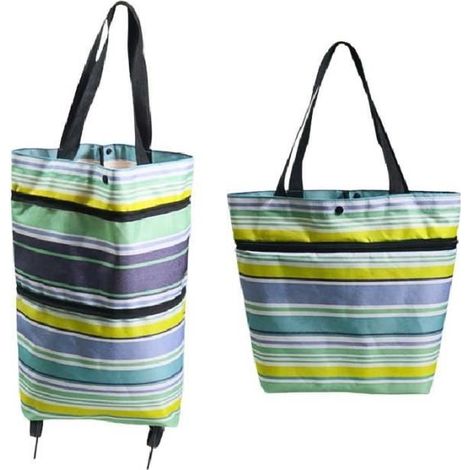 Sac de courses pliable - Sac de courses - Rayures bleu-jaune - Tissu Oxford - Roulettes - 15 livres de capacité (1/4)