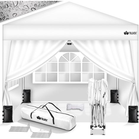 tillvex Pavillon 3x3m Weiß wasserdicht mit 4 Seitenteilen + 4er Set Sandsäcke Pop-Up Faltpavillon stabil & höhenverstellbar Gartenzelt UV Schutz 50+ Partyzelt mit Tasche für Garten (1/5)