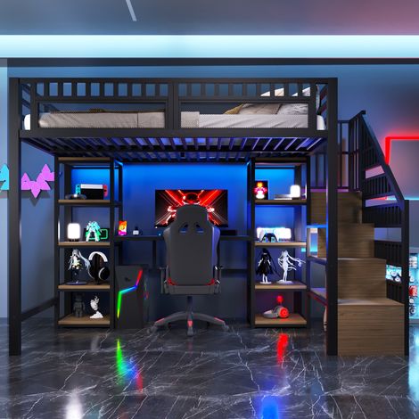 Lit mezzanine 140x200 cm cadre métal avec étagère, échelle rangement, bureau, bandeau LED, port USB inclus, Noir (Sans matelas) (1/5)