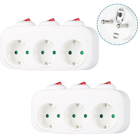 Multiprise murale lot de 2 avec 3 interrupteurs individuels – Triplette sans fil 16A 3680W – Protection enfant – Plastique ignifuge – Cilia
