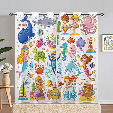 Rideau Occultant Océan Dauphin Pieuvre Requin Rideau Thermique Isolant Tenture Opaque à Oeillets Draperies Intérieurs pour Maison Chambre Salon 2 Panneaux L 107 x H 180 cm - 107L X 180H cm (2 Panneaux (1/5)