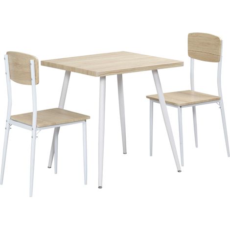 Set de comedor de 3 piezas en MDF y metal, efecto madera natural y blanco, 1 mesa y 2 sillas (1/5)
