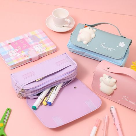 Trousse scolaire grande capacité motif cartoon 2 compartiments fermetures éclair poignée jouet sensoriel étui à stylos durable pour enfants étudiants adultes (1/5)
