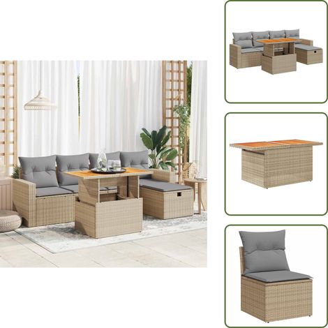 6-tlg. Garten-Sofagarnitur mit Kissen Beige Poly Rattan Akazie - Garten Sofagarnitur - Garten Sofagarnituren - Outdoor Sofagarnitur - Sofagarnitur Terrasse (1/5)