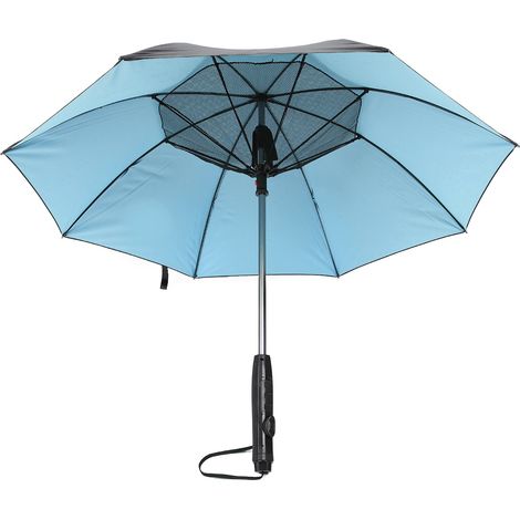 Ortviai Parasol Électrique avec Ventilateur et Pulvérisation, Toile Vinyle 190T UV50+, Poignée Longue, Noir/bleu (1/5)