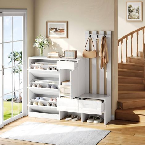 MODFU – Mueble de entrada 7-en-1 160x35x160 cm de MDF con banco, zapatero y percheros, 3 cajones y carga 30 kg – Blanco (1/5)