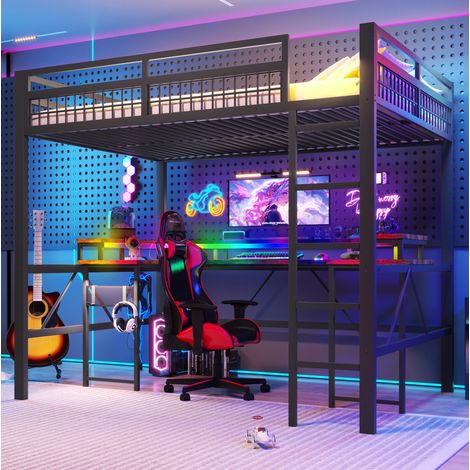 Bett Hochbett 140x200 mit Schreibtisch LED Schwarz HAVRYA (1/5)