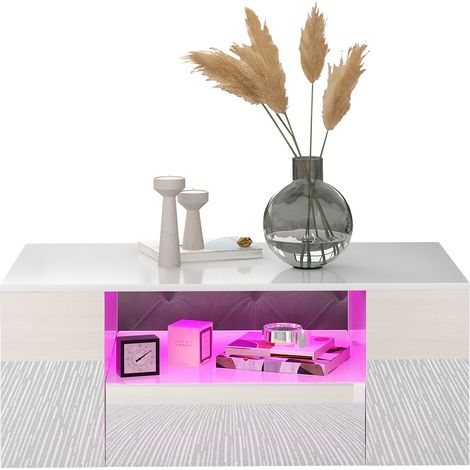 Table basse moderne haute brillance avec 2 tiroirs et 2 étagères, table de salon 95 x 53 x 37 cm