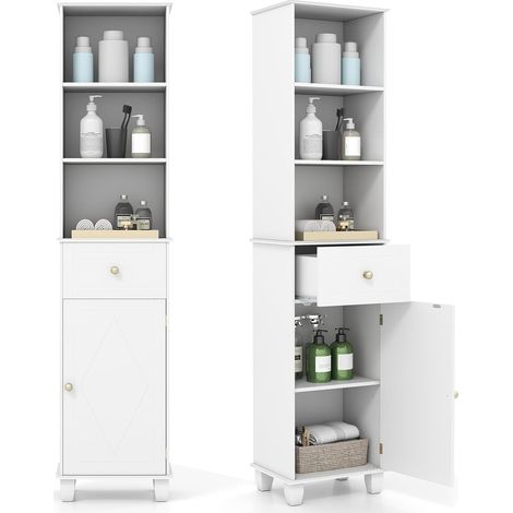 COSTWAY Mobile Bagno Alto 172 cm, Mobiletto Stretto da Pavimento con 3 Ripiani Aperti, 1 Cassetto, 1 Anta e Ripiano Regolabile, Armadietto Salvaspazio Indipendente per Cucina e Soggiorno (1/5)