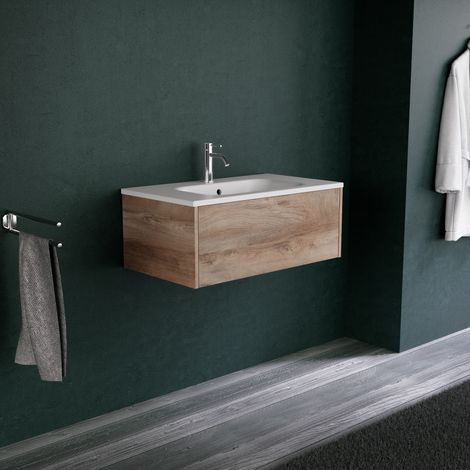 Inda - Badezimmerschrank 1 Schublade L.80 mit mattem Waschbecken / Natureiche - Diamante (1/5)