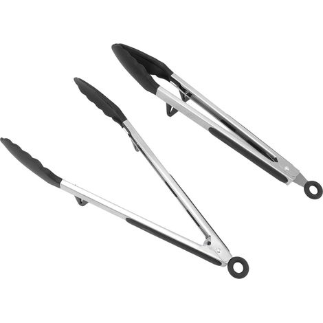 Lot de 2 pinces de cuisine de 30 cm (12 pouces) avec embouts en silicone, longues pinces de cuisson en acier inoxydable et verrouillage, pour grillades et barbecue, noires. (1/5)