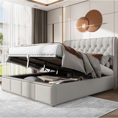 Bett minimalistisch gepolstert in Grau 140x190 cm mit hohem Kopfteil, Lattenrost und Bettkasten (1/5)
