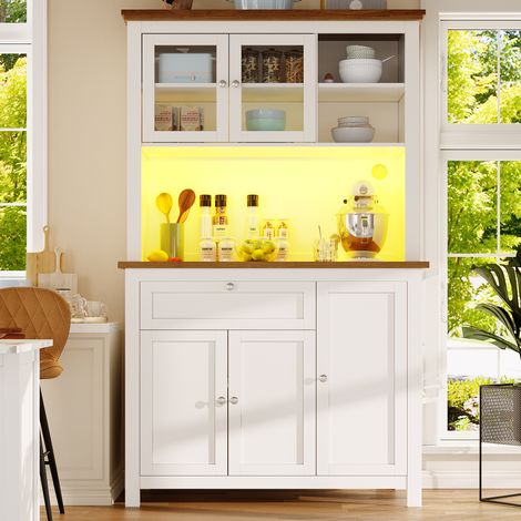 Credenza alta 104x40x180 cm in MDF con illuminazione LED, ante in vetro, 1 cassetto e ripiani regolabili, bianca (1/5)
