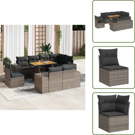 vidaXL 9-tlg. Garten-Sofagarnitur mit Kissen Grau Poly Rattan (1/5)