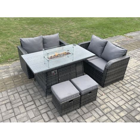 Fimous 6 Seater Rattan Outdoor Garden Furniture Sofa Set Gas Fire Pit Dining Table Gas Heater with Love Sofa 2 Small Footstool Dark Grey Mixed (1/5)