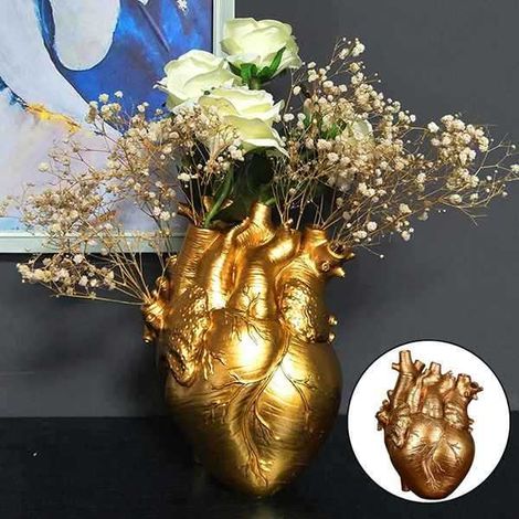 Deux vases en résine dorée en forme de cœur, ornements en résine, pour salles d'exposition, comptoirs, vases de salon, vases de table à manger, fleurs séchées.