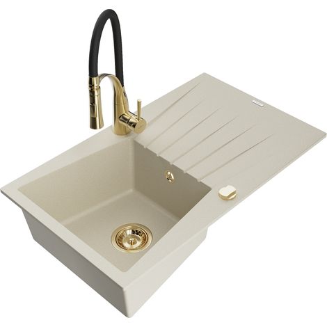 Mexen Cesar évier en granit 1 bac avec égouttoir et robinet de cuisine Aster, beige - 6514-69-73450-57-G (1/5)