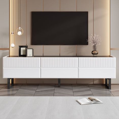 Meuble TV - KOMHTOM - 170x35x47 cm - 3 tiroirs - Noir/Blanc laqué - Pieds métal (1/5)