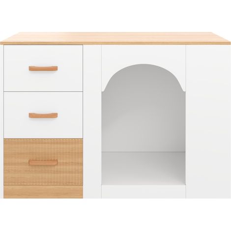 Isla de cocina con 3 cajones y zona para mascotas, blanco efecto madera, 120 x 60 x 90 cm (1/5)