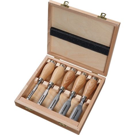 Set di scalpelli corti 12.16.20.26.30 mm frassino, oliato Scatola HO da 5 pezzi PROMAT