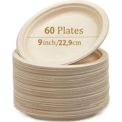 Plato Desechable Rígido Plato de Cartón Pack de 60 Ecológico y práctico 22,8cm 100% biodegradable fibra fresca sin recubrimiento, reciclable, plato de postre (B) (1/4)