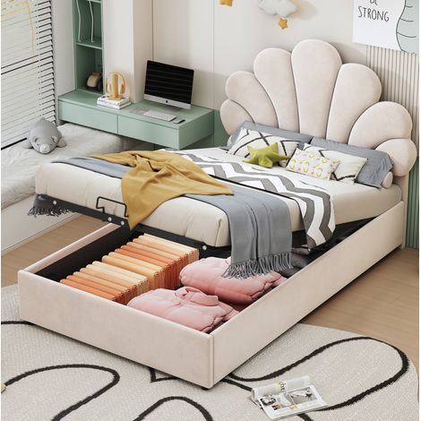 Bett Polsterbett Stauraum 90x200 Samt Beige OKMYHOME (1/5)