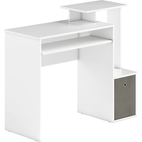 Bureau informatique multimédia avec étagères, tablette clavier et panier, gris et blanc, panneaux de particules (1/5)