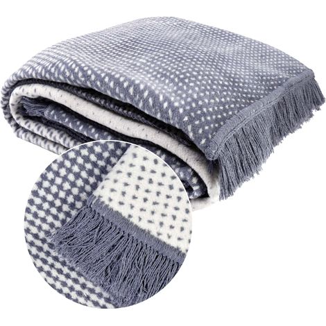 Coperta in cotone 150x200 con frange, classica fantasia geometrica grigio-blu (1/5)