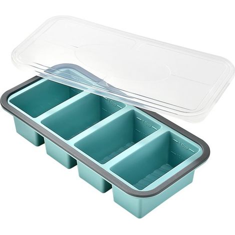 Bandeja de silicona para cubitos de hielo con tapa 4 compartimentos grandes con graduación, apta para alimentos y fácil de desmoldar. (1/5)