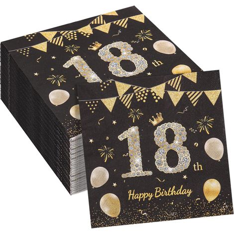 Serviettes De Table 18e Anniversaire,100 Serviettes De Table Noir Et Or Serviettes Joyeux Anniversaire 18 Serviettes en Papier pour La Décoration De Table d'une Fête d'anniversaire 16.5x16.5cm (1/5)