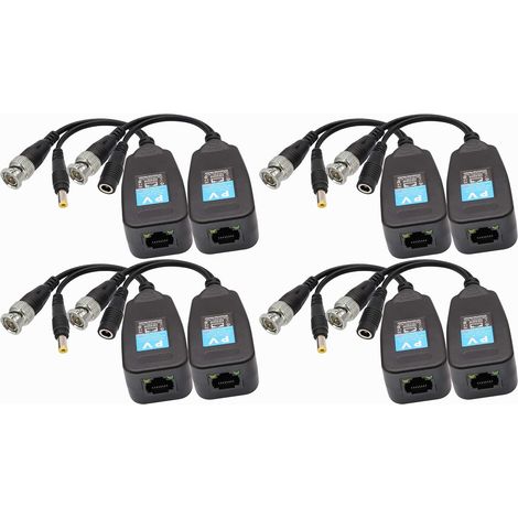 Balun Vidéo BNC à RJ45 Émetteur Récepteur HD-CVI/TVI/AHD/CVBS avec Connecteur D'alimentation pour 1080P 3MP 4MP 5MP 8MP CCTV Système Caméra de Surveillance DVR de Sécurité(4 Paires-19CM) (1/5)
