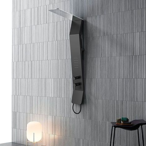 Distribain – Colonne de douche hydromassante 220x1400mm – Aluminium noir brossé – 1 jet carré – Dôme de pluie chromé – Mitigeur inclus