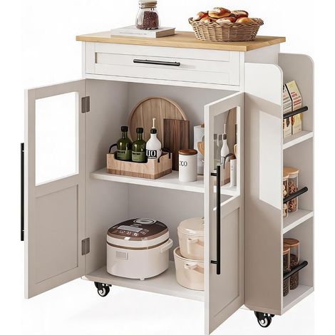 Chariot îlot de cuisine blanc plateau bois naturel, roulettes verrouillables, 2 portes vitrées, 1 tiroir, porte épices et étagères 3 niveaux (1/5)