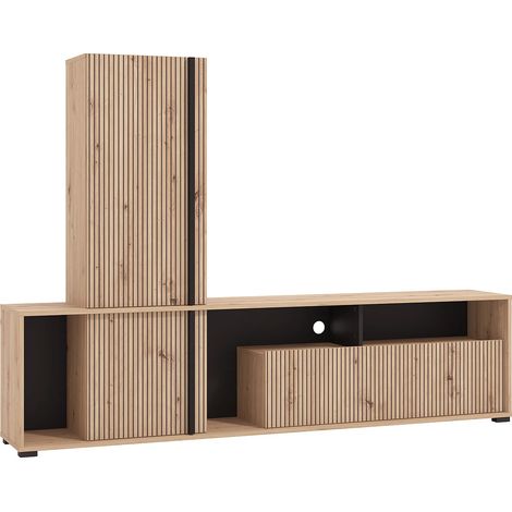 Parete TV con 3 ante e 3 nicchie Naturale chiaro e Nero - BELUTZY (1/5)