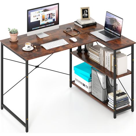 Bureau d'Ordinateur en Forme de L, Bureau d'angle Réversible avec Étagère Réglable, Table d'Étude Gain de Place avec Cadre Métallique Robuste, Marron