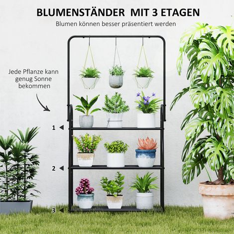 Étagère à fleurs 3 niveaux, support à plantes avec crochets suspendus, en métal pour pots, intérieur et extérieur, noir (1/5)