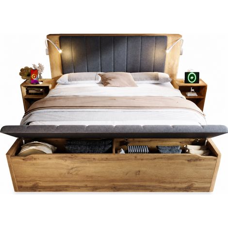 Lit coffre en bois 180×200 cm avec tête rabattable, sommier, rangements intégrés, deux tables de chevet et banquette, lampes led avec port usb, chêne (1/5)