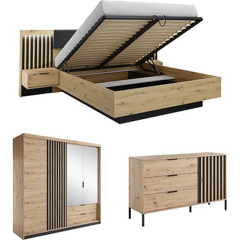 Vente-Unique – Ensemble chambre complète lit coffre 160x200 cm – Commode et armoire – Panneau de particule mélaminé – Coloris naturel et noir