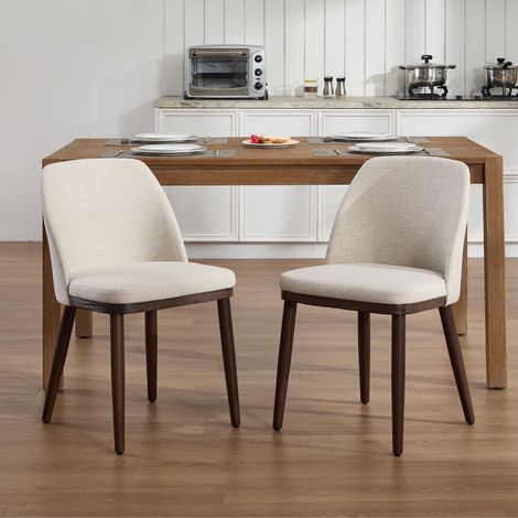 Wahson Juego de 2 Sillas de Comedor de Lino con Patas de Madera, Silla Tapizada Estilo Contemporáneo con Respaldo, Beige