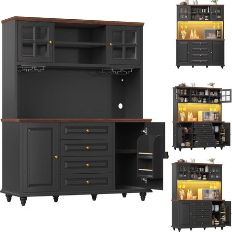 Credenza alta da cucina con LED RGB, ripiani regolabili e 4 cassetti in MDF nero HOMVRA