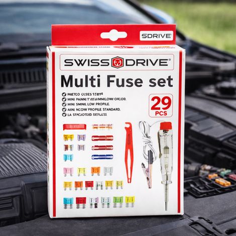 Boîte 27 Fusibles Auto SWISS DRIVE 2A à 75A avec Pince et Testeur 12V – Kit Complet Indispensable pour Véhicule (1/5)