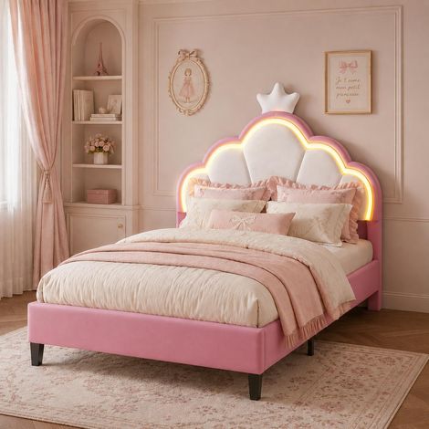 Prinzessinnenbett 90x200 cm, Kopfteil mit RGB-LED, gepolstertes Samtbett mit verstellbarem Kronen-Kopfteil und Lattenrost, Rosa (1/5)
